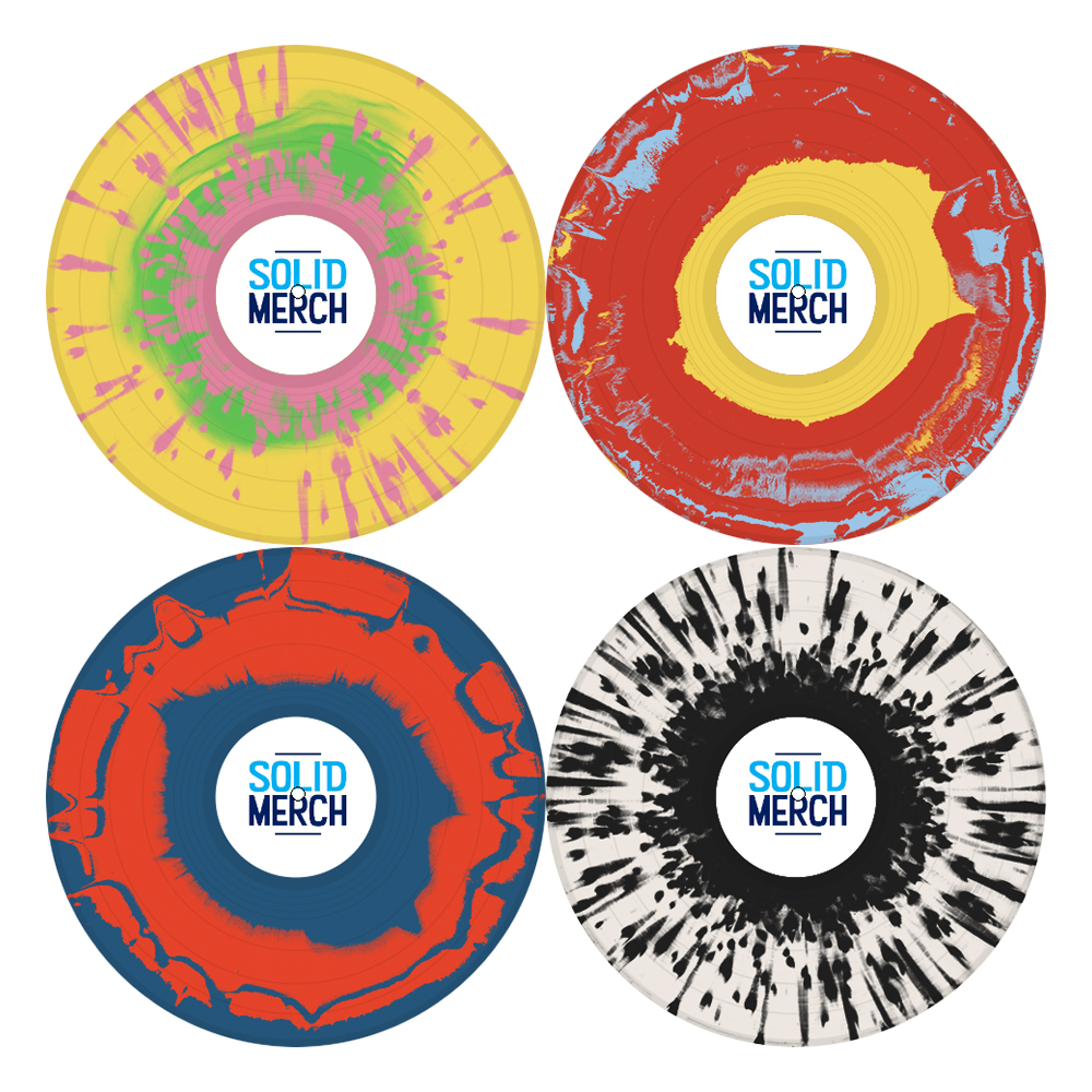 design your custom vinyl records - shows 4 vinyl records with colored vinyl and vinyl effects including color in color, splatter, and a-side b-side